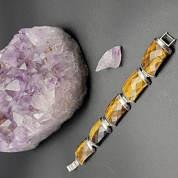 925 Sterling Silver Faceted Tigers Eye 5 Panel Mens Gemstone Bracelet Size 7 - Picture 6 of 14